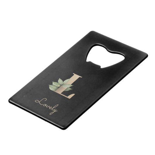 Elegant Botanische monogram Gold Letter L Creditkaart Flessenopener (Voorkant Gekanteld)