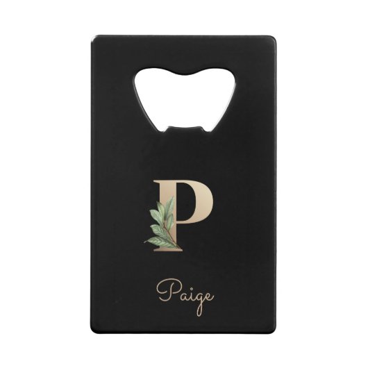 Elegant Botanische monogram Gold Letter P Creditkaart Flessenopener (Voorkant)