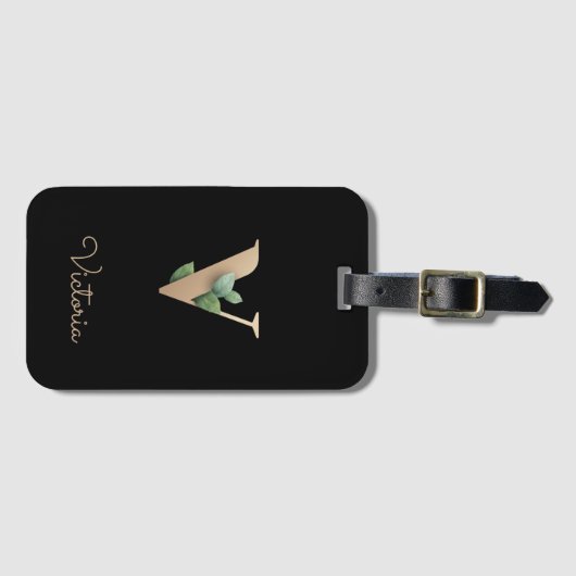 Elegant Botanische monogram Gold Letter V Bagagelabel (Voorkant (horizontaal))