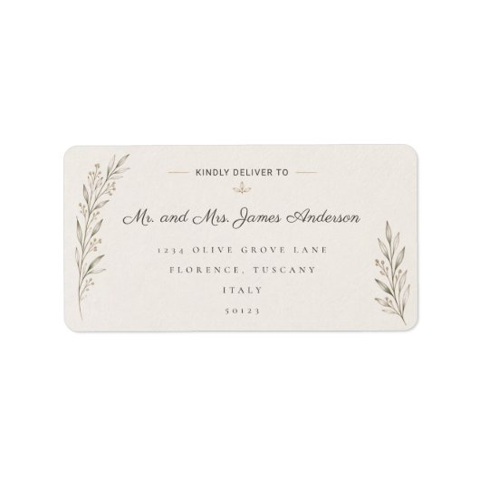 Elegant Botanische Olijftak Trouwadres  Etiket (Voorkant)