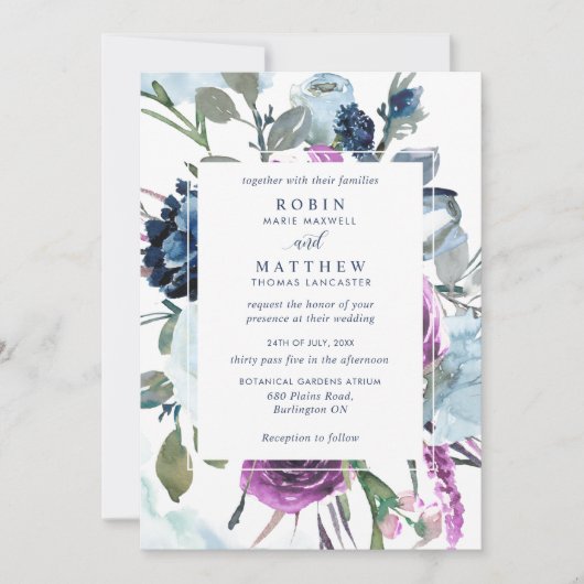 Elegant Botanische Paarse en Blauwe Floral Wedding Kaart (Voorkant)