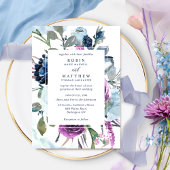 Elegant Botanische Paarse en Blauwe Floral Wedding Kaart