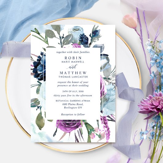 Elegant Botanische Paarse en Blauwe Floral Wedding Kaart