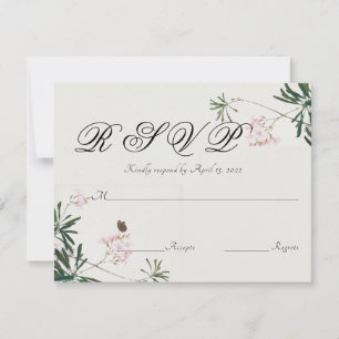 Elegant botanische roze bloesem met vlinder RSVP kaartje