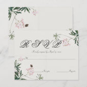 Elegant botanische roze bloesem met vlinder RSVP kaartje (Voorkant / Achterkant)