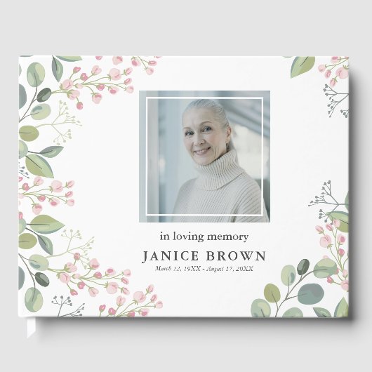 Elegant Botanische Roze Blossom Foto Funeral Gastenboek (Voorkant)