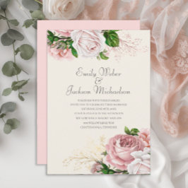 Elegant Botanische Rozen Roze Floral Cream Wedding Kaart