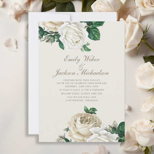 Elegant Botanische Rozen White Floral Cream Weddin Kaart