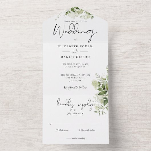 Elegant Botanische Rustic Greenery Wedding All In One Uitnodiging (Binnen)