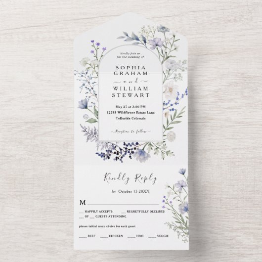 Elegant Botanische Waterverf Wildflower Wedding All In One Uitnodiging (Binnen)