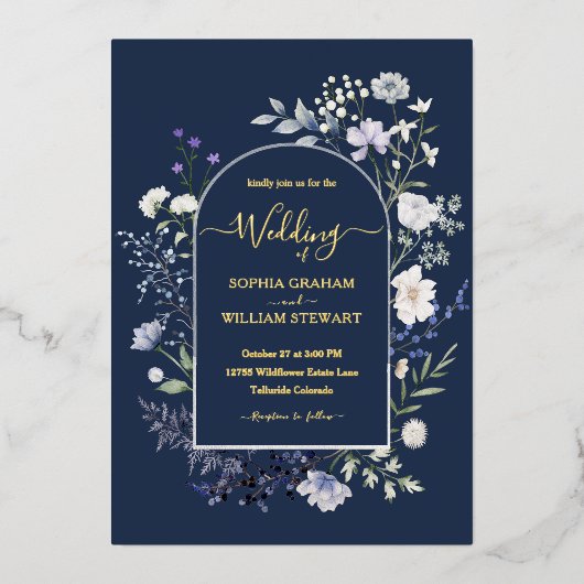 Elegant Botanische Waterverf Wildflower Wedding Folie Uitnodiging (Voorkant)