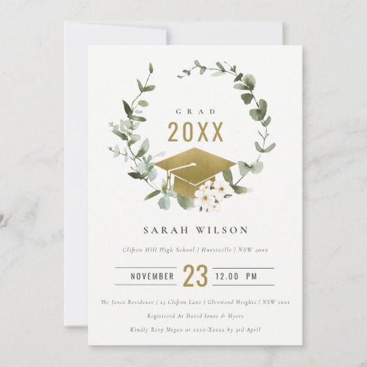 Elegant Botanische Wreath Gold Graduation Party Kaart (Voorkant)