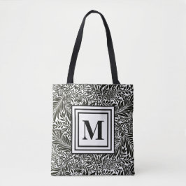 Elegant botanische zwart-wit monogrammen tote bag