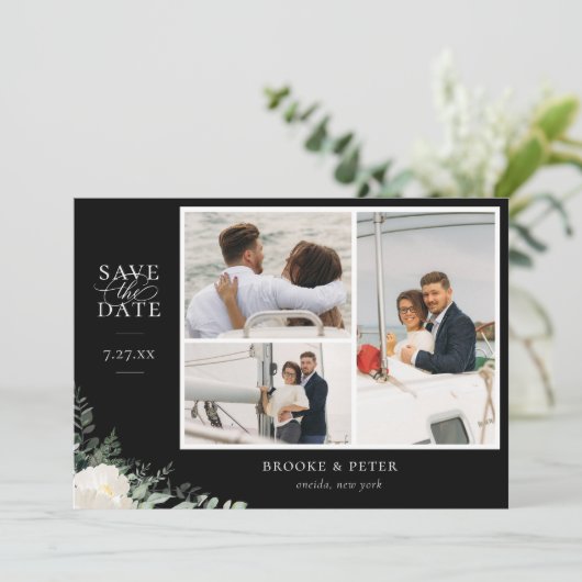Elegant botanische zwarte flat, sla de datum foto save the date (Staand voorkant)