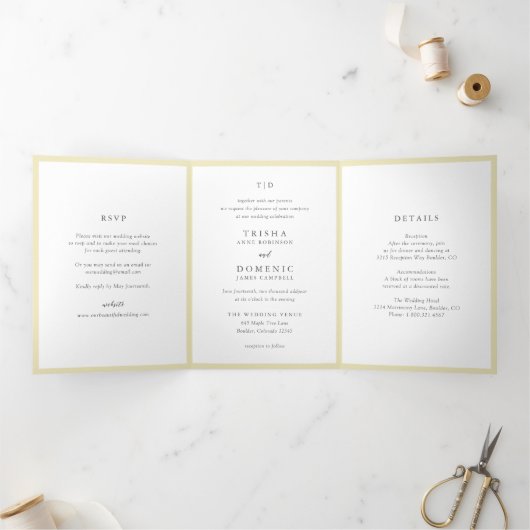 Elegant Boter Geel Monogram Moderne Trouwfeest Drieluik Uitnodiging (Binnen)