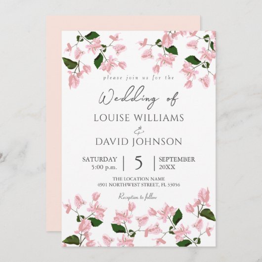 Elegant Bougainvillea Flower Wedding Invitation Kaart (Voorkant / Achterkant)