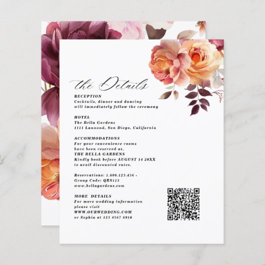 Elegant Bouquet Burgundy Wedding Enclosure Cards (Voorkant / Achterkant)