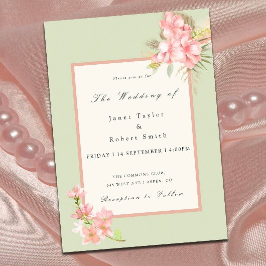 Elegant Bouquet Sage Green & Pink Border Wedding Kaart