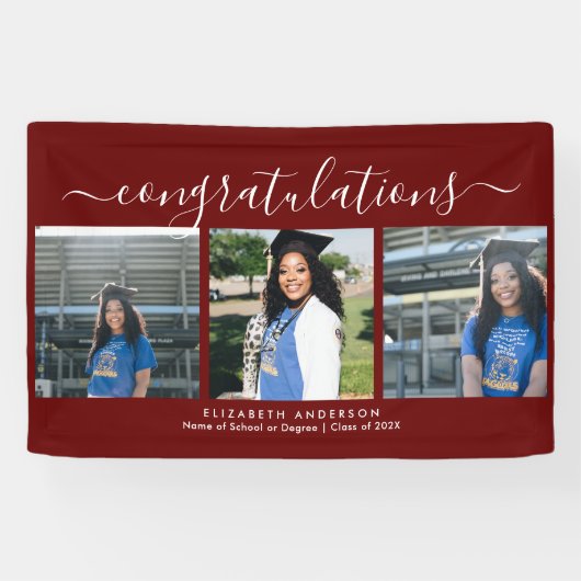 Elegant Bourgogne 3 foto collage Afstuderen Spandoek (Horizontaal)