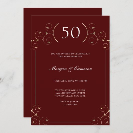 Elegant Bourgogne 50e bruiloft Jubileum Kaart (Voorkant / Achterkant)