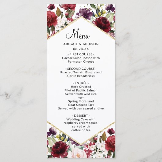 Elegant Bourgogne Bloemen Bruiloft Receptie diner Menu (Voorkant)