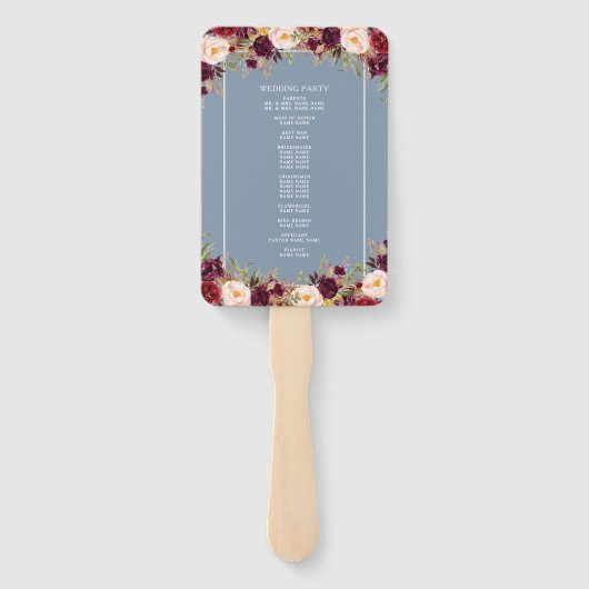 Elegant Bourgogne Bloemen Stoffig Blauw Huwelijksp Handwaaier (Achterkant)