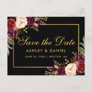 Elegant Bourgogne Bloemen Zwart Goud Save The Date Aankondigingskaart