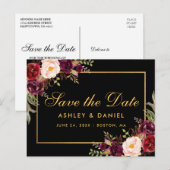 Elegant Bourgogne Bloemen Zwart Goud Save The Date Aankondigingskaart (Voorkant / Achterkant)