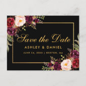 Elegant Bourgogne Bloemen Zwart Goud Save The Date Aankondigingskaart (Voorkant)