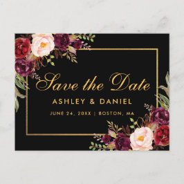 Elegant Bourgogne Bloemen Zwart Goud Save The Date Aankondigingskaart