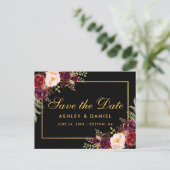 Elegant Bourgogne Bloemen Zwart Goud Save The Date Aankondigingskaart (Staand voorkant)