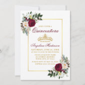 Elegant Bourgogne Bloemengroen Quinceanera Gold Kaart (Voorkant)