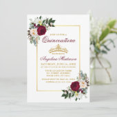 Elegant Bourgogne Bloemengroen Quinceanera Gold Kaart (Staand voorkant)