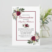 Elegant Bourgogne Bloemengroen Quinceanera Party Kaart (Staand voorkant)