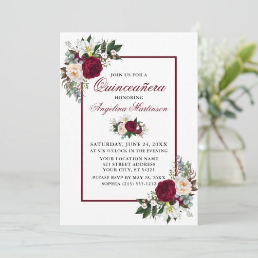 Elegant Bourgogne Bloemengroen Quinceanera Party Kaart (Staand voorkant)