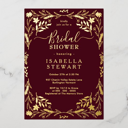 Elegant Bourgogne Chic Boho Vrijgezellenfeest Folie Uitnodiging (Voorkant)