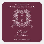 Elegant Bourgogne  Crest Monogram Bedankt Vierkante Sticker (Voorkant)