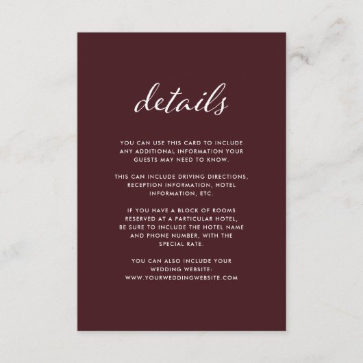 Elegant Bourgogne | Details bruiloft gast Informatiekaartje (Voorkant)