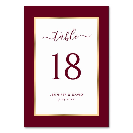 Elegant Bourgogne en Gold Wedding Table Number Kaart (Voorkant)