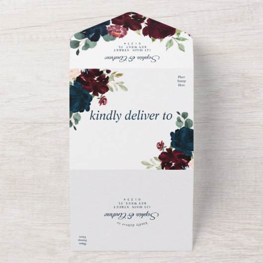 Elegant Bourgogne en marine allemaal in één uitnod All In One Uitnodiging (Buitenkant)