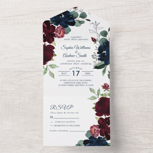 Elegant Bourgogne en marine allemaal in één uitnod All In One Uitnodiging (Binnen)