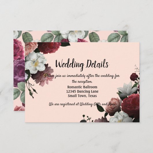Elegant Bourgogne en roze bloemen Informatiekaartje (Voorkant / Achterkant)
