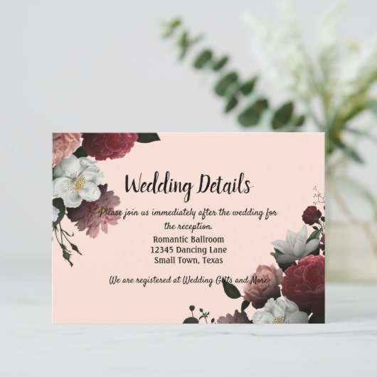 Elegant Bourgogne en roze bloemen Informatiekaartje (Staand voorkant)