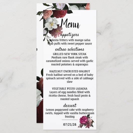 Elegant Bourgogne en roze bloemen Menu (Voorkant / Achterkant)