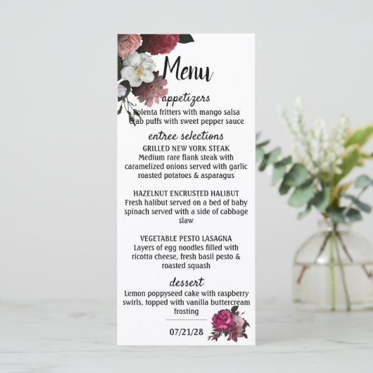 Elegant Bourgogne en roze bloemen Menu (Staand voorkant)