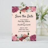 Elegant Bourgogne en roze bloemen Save The Date (Staand voorkant)