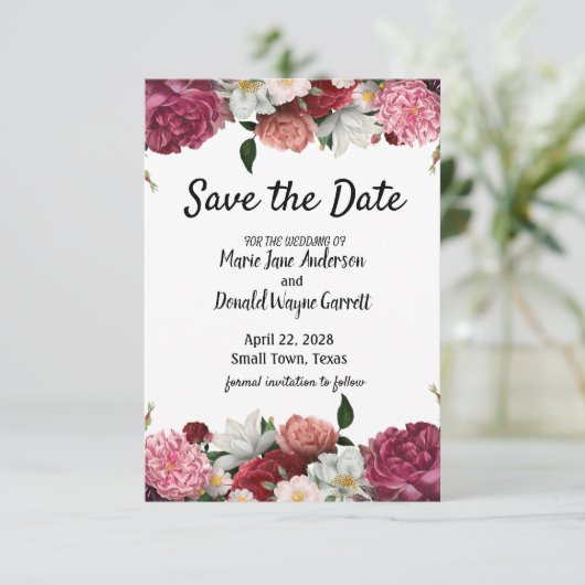 Elegant Bourgogne en roze bloemen Save The Date (Staand voorkant)