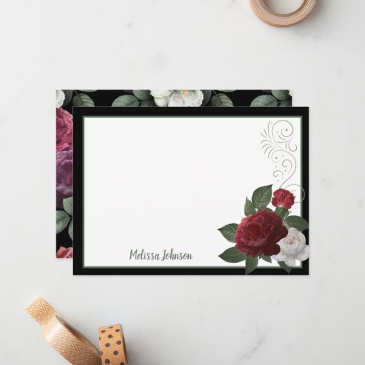 Elegant Bourgogne en roze Floral gepersonaliseerd Notitiekaartje (Voorkant / Achterkant in situ)