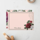 Elegant Bourgogne en roze Floral gepersonaliseerd Notitiekaartje (Voorkant / Achterkant in situ)