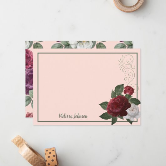 Elegant Bourgogne en roze Floral gepersonaliseerd Notitiekaartje (Voorkant / Achterkant in situ)